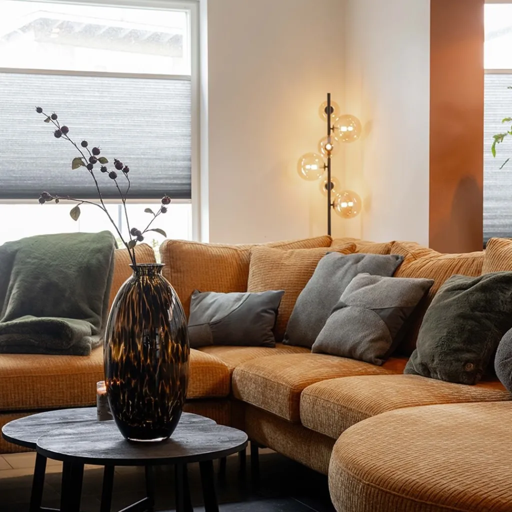 Straluma Art Deco vloerlamp zwart met amber glazen bollen> Woonkamerlampen|Vloerlampen