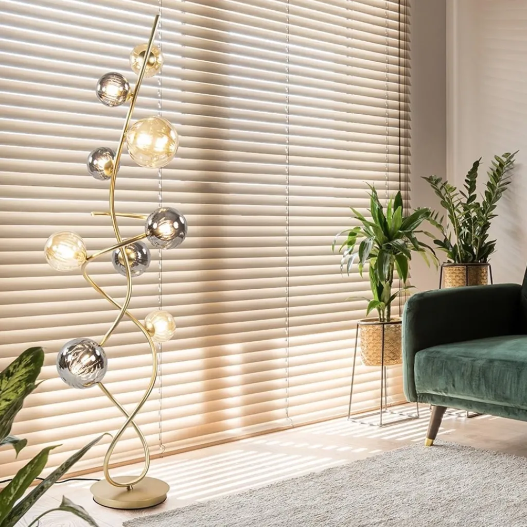 Straluma Chique vloerlamp goud met smoke en amber glazen bollen> Vloerlampen|Woonkamerlampen