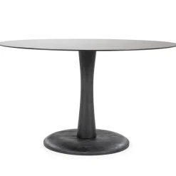 Straluma Eetkamertafel ronde glazen plaat zwart met mango houten voet> Eettafels
