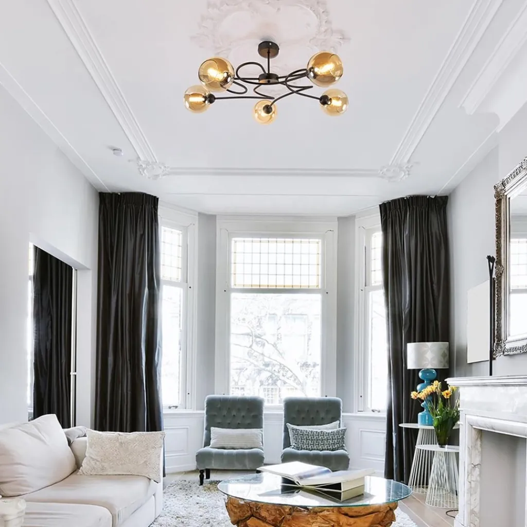 Straluma Elegante 5-lichts plafondlamp met amber glazen bollen> Woonkamerlampen|Slaapkamerlampen