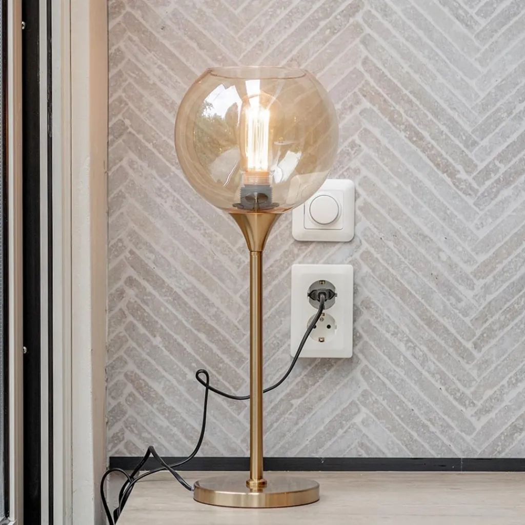 Straluma Gouden tafellamp met amber glazen bol 20 cm> Tafellampen|Klassieke Verlichting