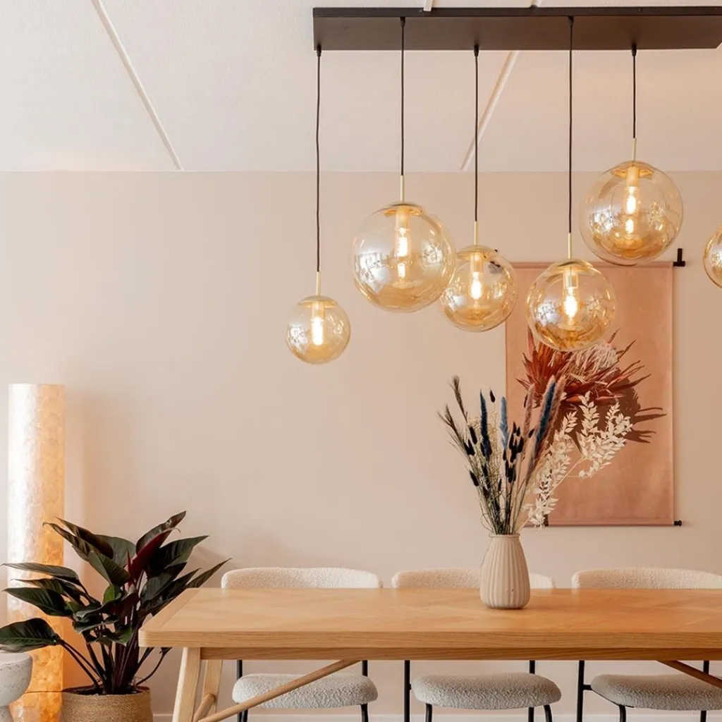 Straluma Grote 6-lichts eettafelhanglamp messing met amber glazen bollen> Eettafellampen|Keukenverlichting