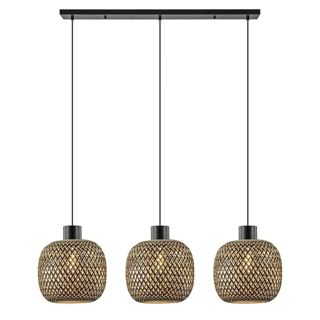 Straluma Hanglamp balk 3L zwart + bamboe> Eettafellampen|Keukenverlichting