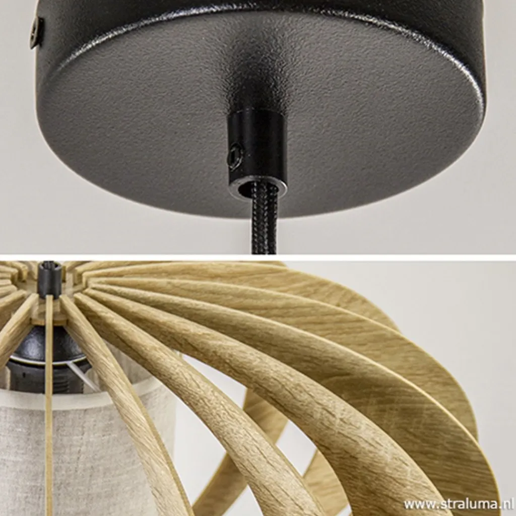 Straluma Hanglamp 64cm houten lamellen+linnen kap> Eettafellampen|Slaapkamerlampen