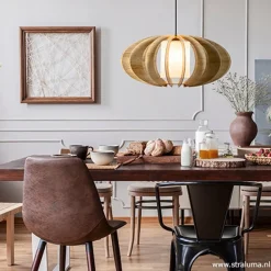 Straluma Hanglamp 64cm houten lamellen+linnen kap><noscript><img width=