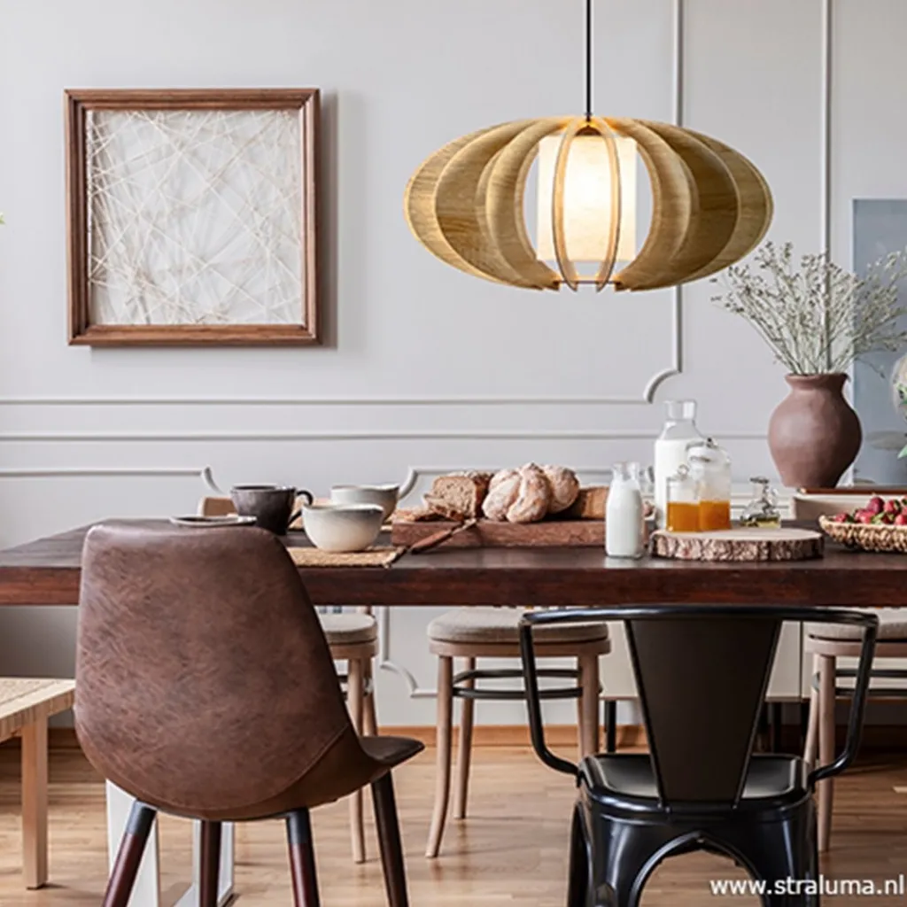 Straluma Hanglamp 64cm houten lamellen+linnen kap> Eettafellampen|Slaapkamerlampen