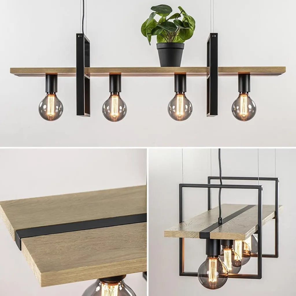 Straluma Hanglamp 4L zwart met houten planken> Eettafellampen|Eetkamerverlichting
