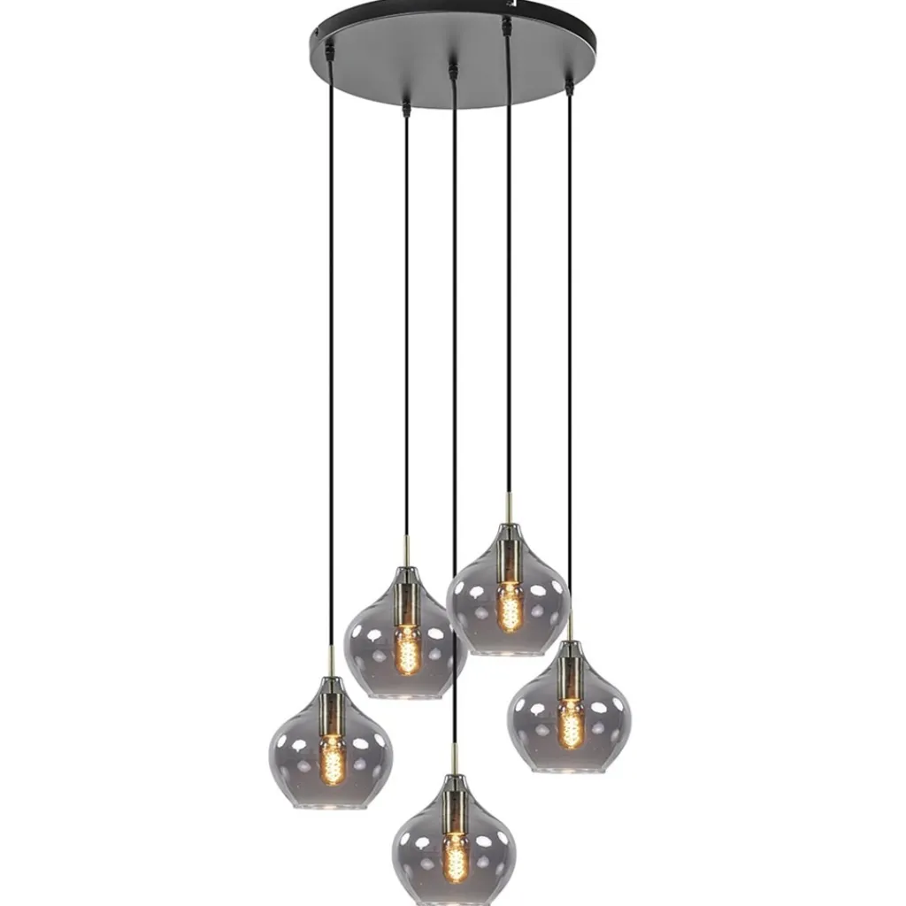 Straluma Hanglamp Rakel 5L rond antiek brass + smoke glas> Eettafellampen|Light and Living