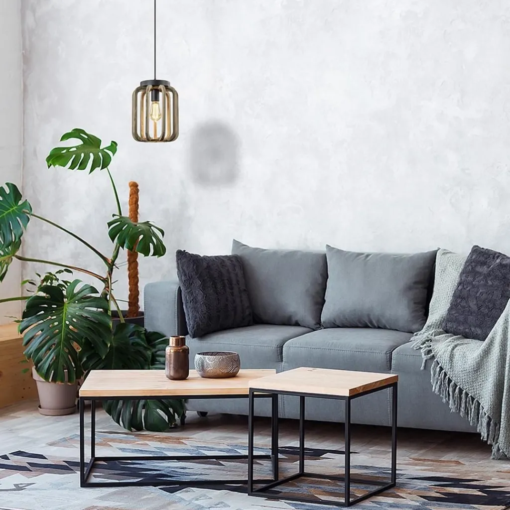 Straluma Industrieel landelijke hanglamp mat zwart met ruw hout> Kooilampen|Woonkamerlampen