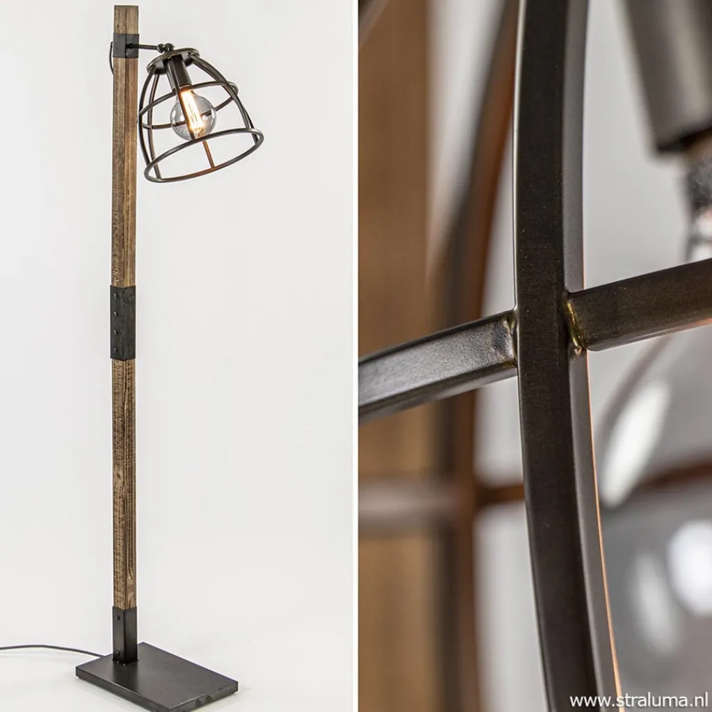 Straluma Industrieel landelijke vloerlamp Matrix hout met metalen korf> Kooilampen|Slaapkamerlampen