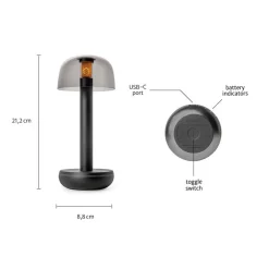 Straluma Kleine LED tafellamp oplaadbaar mat zwart met smoke glas> Tafellampen|LED Tafellampen