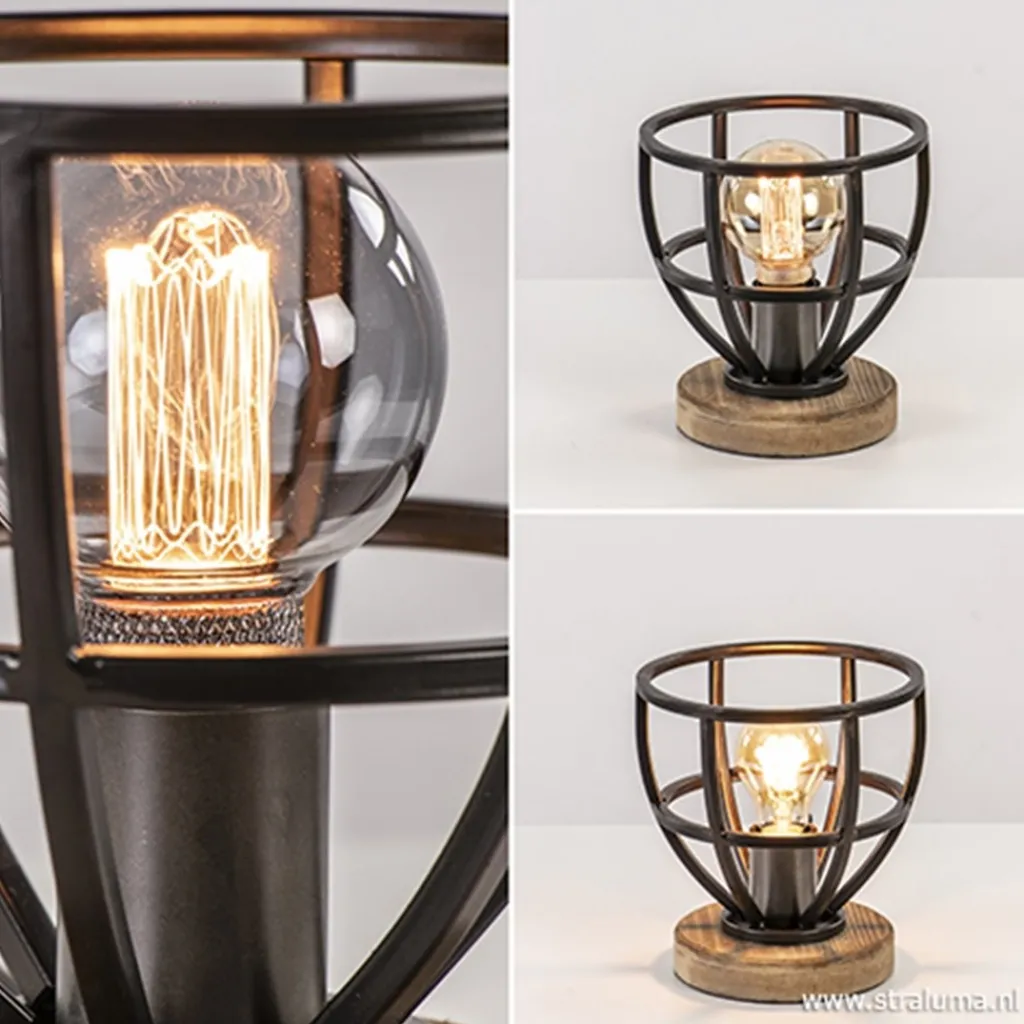 Straluma Kleine tafellamp Matrix zwart met hout> Kooilampen|Slaapkamerlampen