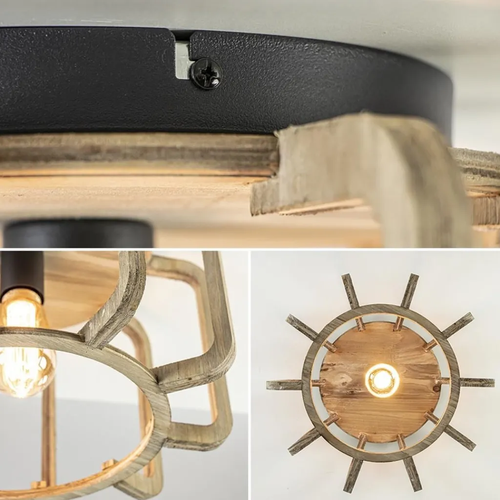 Straluma Landelijke plafondlamp ruw hout mat zwart> Kooilampen|Woonkamerlampen