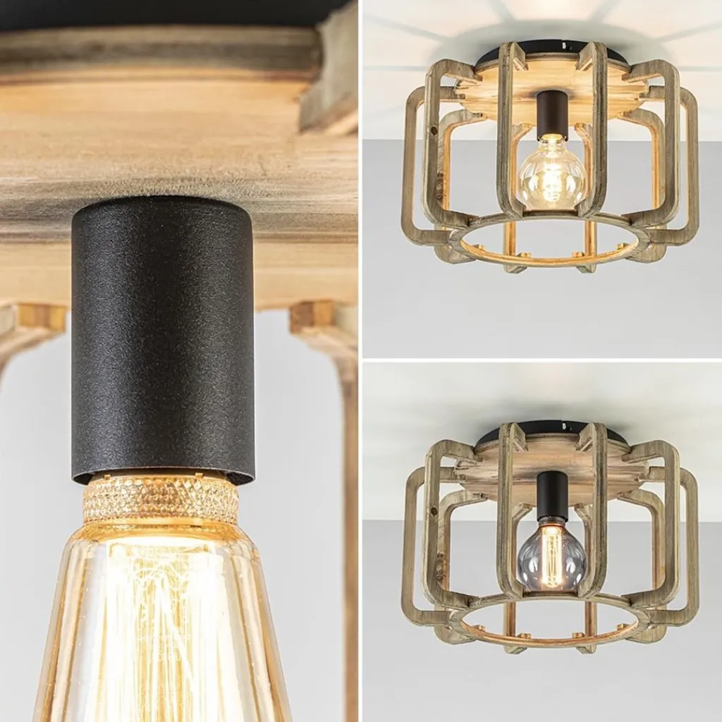 Straluma Landelijke plafondlamp ruw hout mat zwart> Kooilampen|Woonkamerlampen