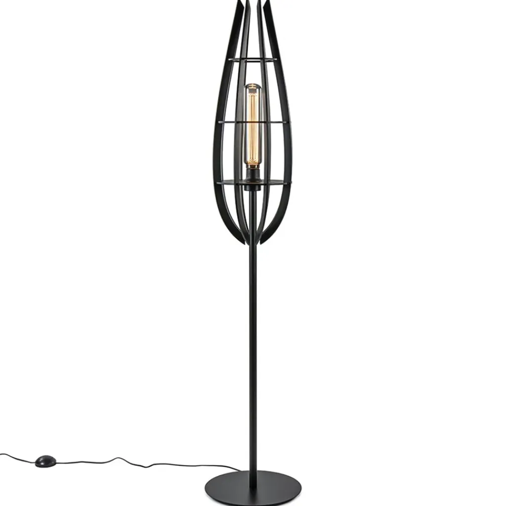 Straluma Landelijke vloerlamp mat zwart met houten kap> Vloerlampen|Botanische Verlichting