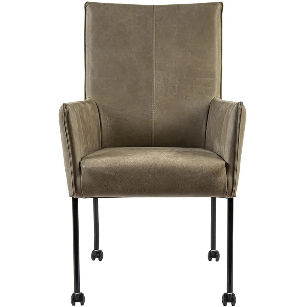 Straluma Lederen armstoel taupe met zwarte poot en wieltjes> Eetkamerstoelen