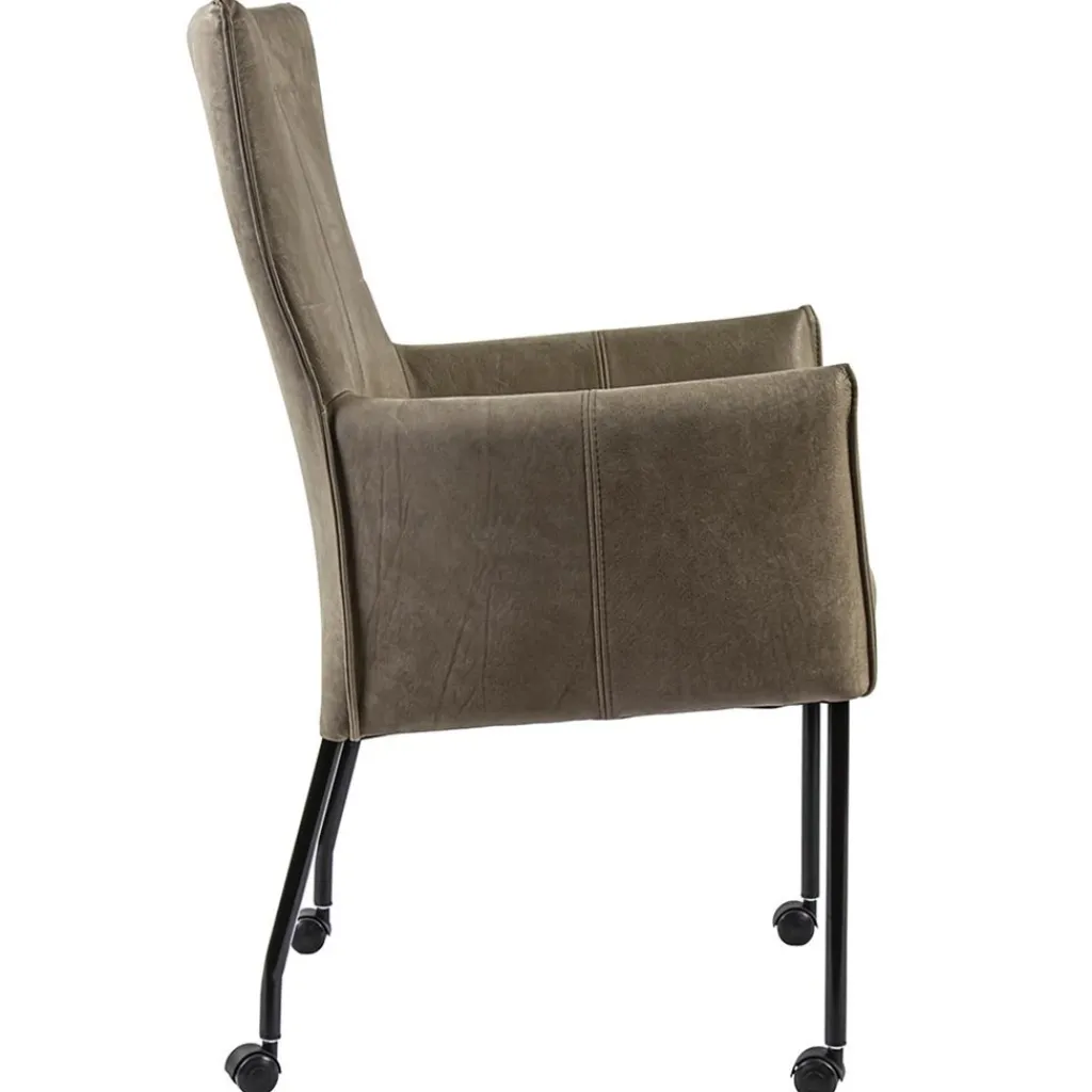 Straluma Lederen armstoel taupe met zwarte poot en wieltjes> Eetkamerstoelen