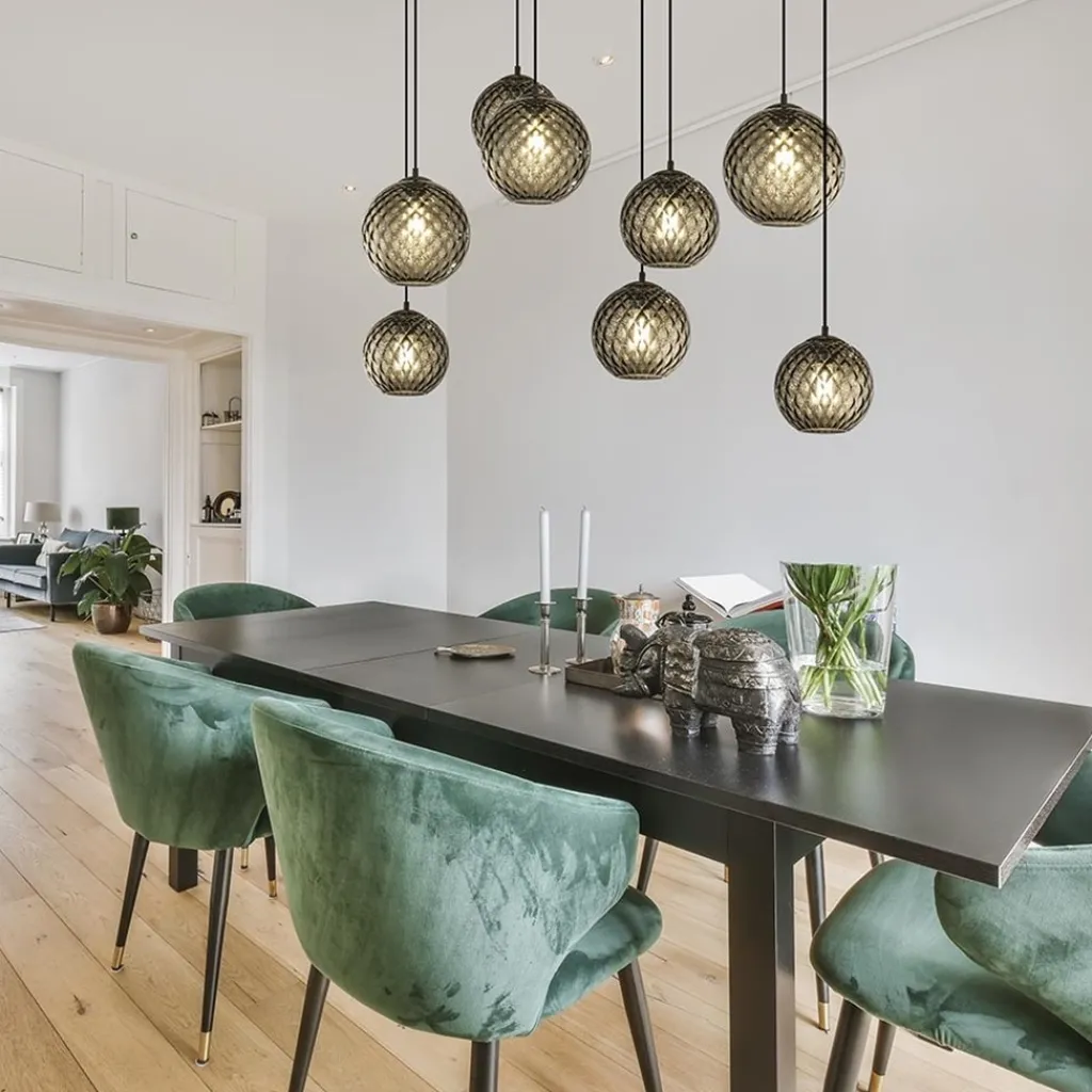 Straluma 8-Lichts eettafelhanglamp zwart met smoke glazen kappen reliëf> Eettafellampen|Pendel Lampen