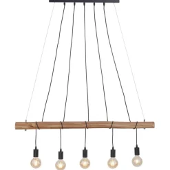 Straluma 5-Lichts hanglamp houten balk met zwarte pendels> Eettafellampen|Pendel Lampen