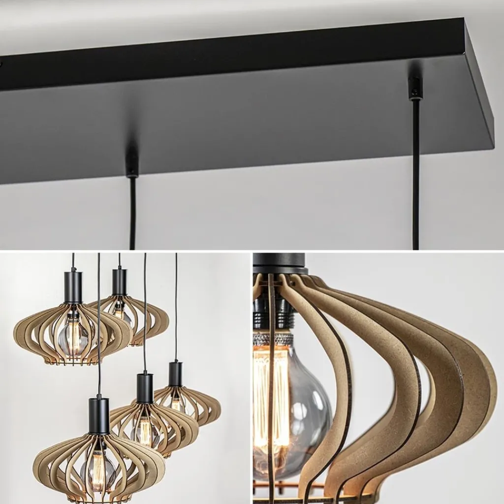 Straluma 5-Lichts hanglamp zwart met naturel houten kappen> Eettafellampen|Keukenverlichting