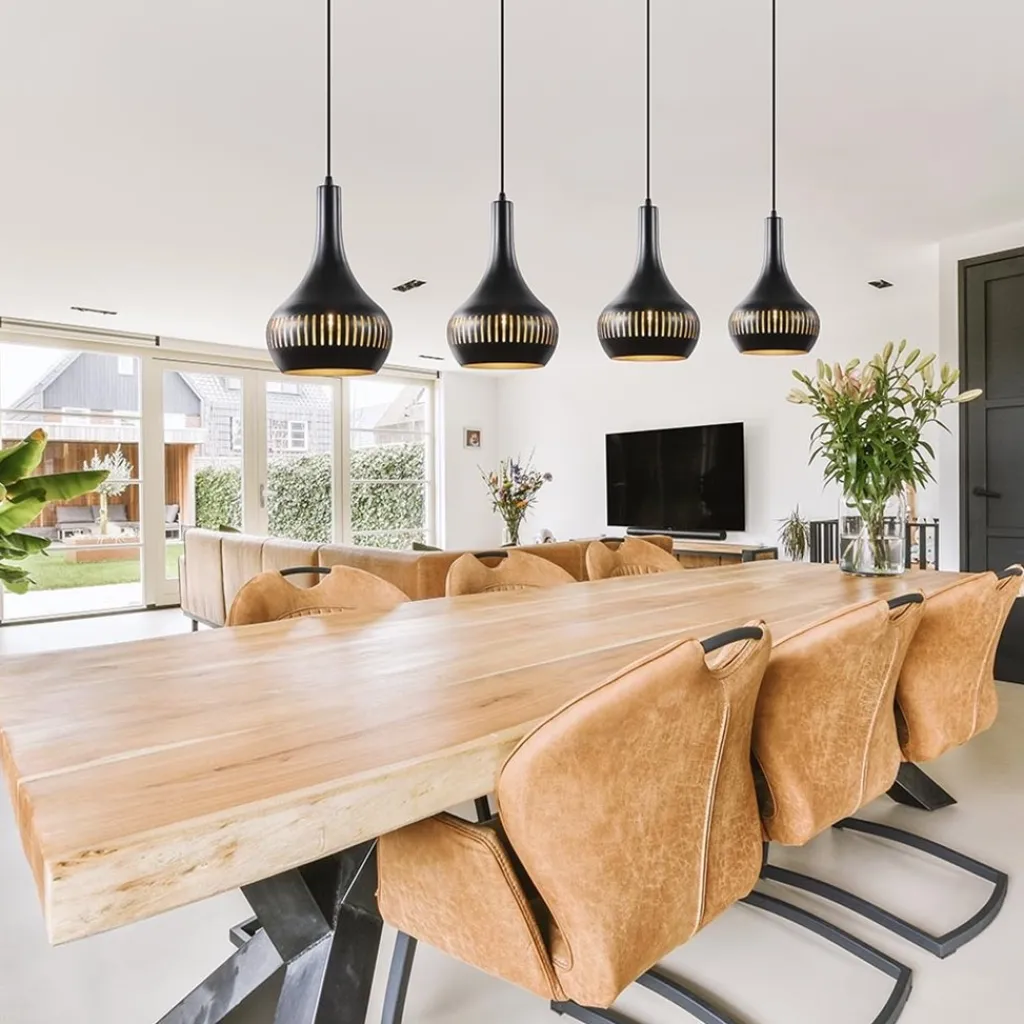 Straluma Mat zwarte eettafelhanglamp zwart met goud 4-lichts> Eettafellampen|Keukenverlichting