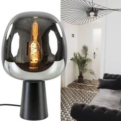 Straluma Mat zwarte tafellamp Mayson met smoke glazen kap><noscript><img width=