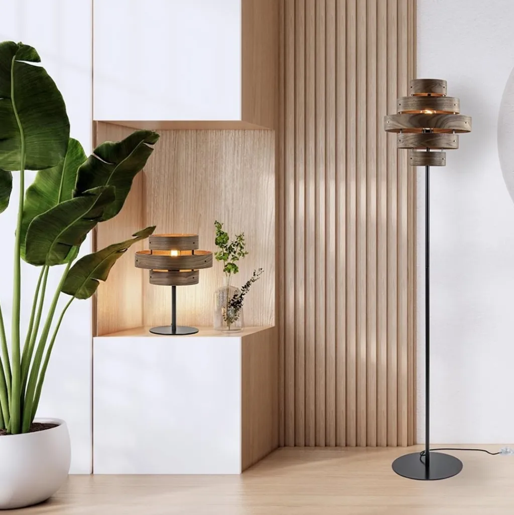 Straluma Mat zwarte tafellamp met walnoot houten kap> Woonkamerlampen|Slaapkamerlampen