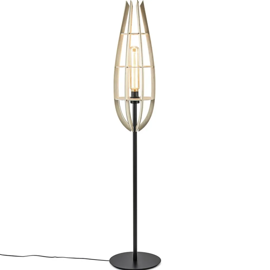 Straluma Mat zwarte vloerlamp met houten kap naturel> Vloerlampen|Botanische Verlichting