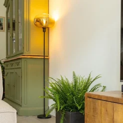 Straluma Mat zwarte vloerlamp met glazen kap helder/goud><noscript><img width=