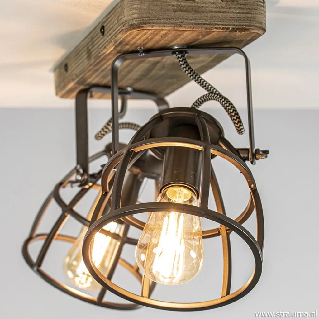 Straluma Plafondspot 2-L korf zwart/hout industr.> Kooilampen|Woonkamerlampen