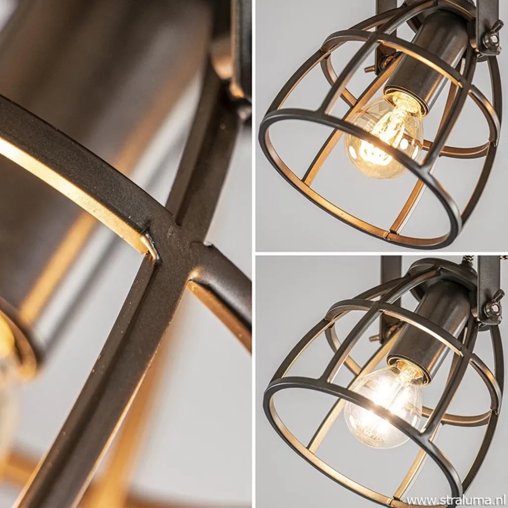 Straluma Plafondspot 2-L korf zwart/hout industr.> Kooilampen|Woonkamerlampen