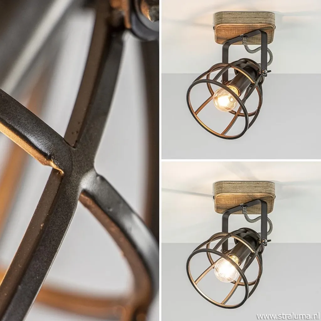 Straluma Plafond/wandlamp Matrix zwarte korf met hout> Wandlampen|Kooilampen