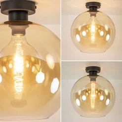 Straluma Retro plafondlamp zwart met amber glazen bol><noscript><img width=