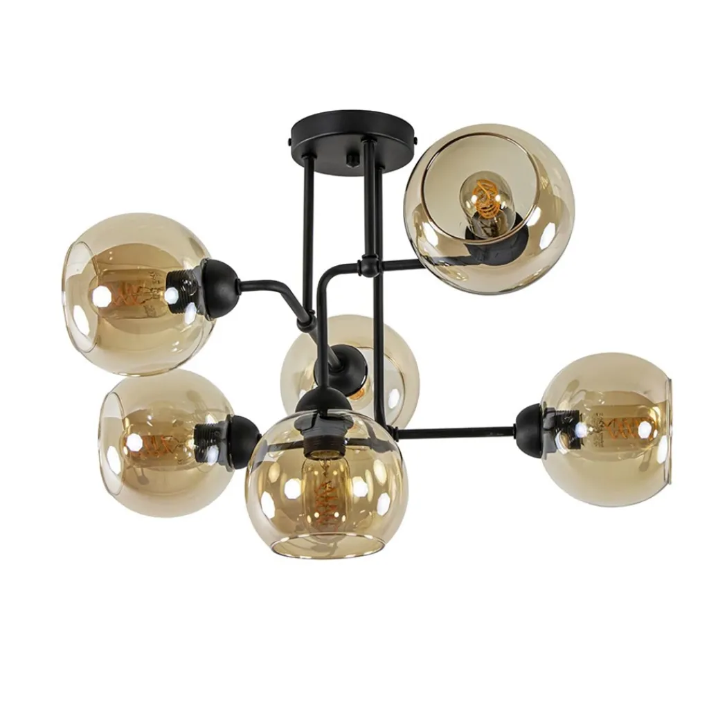 Straluma Retro plafondlamp zwart met amber glas 6-lichts> Plafondlampen|Klassieke Verlichting