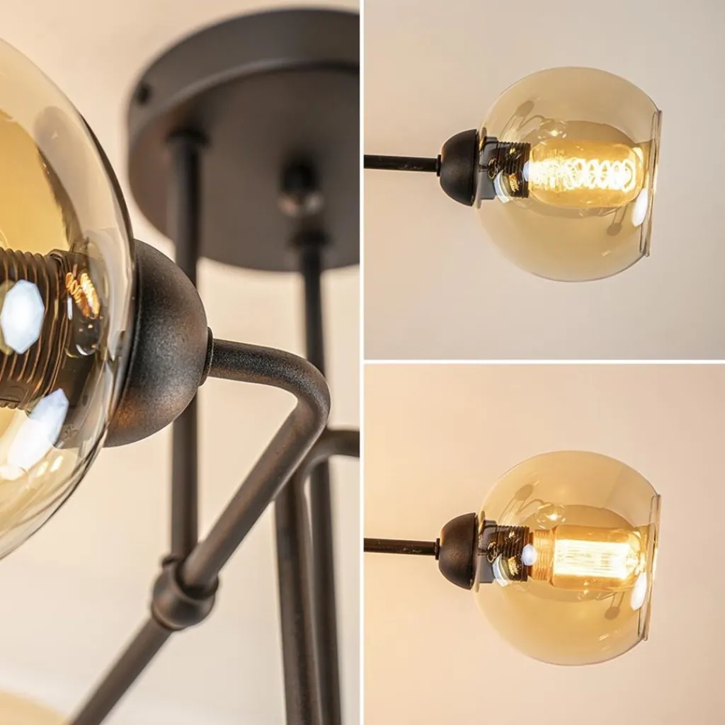 Straluma Retro plafondlamp zwart met amber glas 6-lichts> Plafondlampen|Klassieke Verlichting