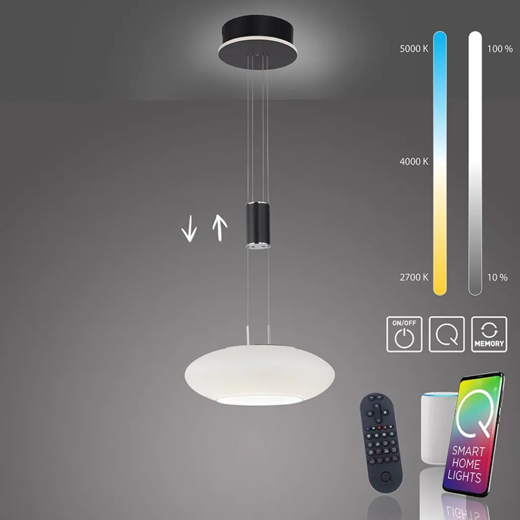 Straluma Smart hanglamp mat zwart met opaal glazen kap> Hanglampen|Smart lampen