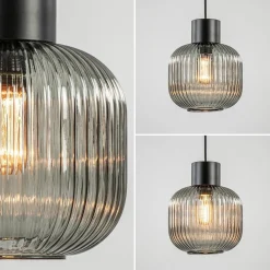 Straluma Stijlvolle hanglamp smoke glas geribbeld met zwart><noscript><img width=